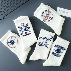 White Crew <b>Socks</b> Baseball Print Cotton Breathable Casual Adults Spring Knitted <b>Socks</b> - Product Image 1