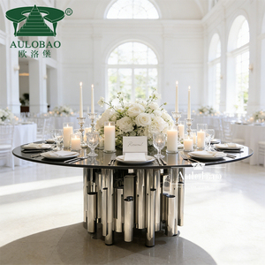 Mesas y Sillas Redondas de Acero Inoxidable Plateado con Cubierta de Vidrio de Lujo para Banquetes - Product Image 2