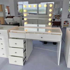 Coiffeuse <span class=keywords><strong>blanche</strong></span> moderne avec éclairage LED pour maquillage, idéale pour boutique de robes de mariée, atelier de beauté, avec 5 tiroirs de rangement - Product Image 1
