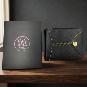 Cartera WRIZA de Cuero Genuino de Alta Calidad, Diseño Elegante en Negro, Patrón de Costuras Amarillas, Emblema Dorado, Duradera, Compacta, Artesanía Premium - Product Image 2