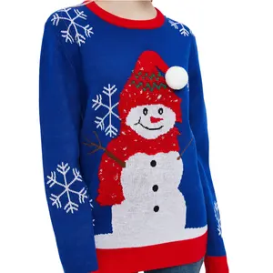गोल ओ-नेक वार्म सॉफ्ट मशीन कढ़ाई बुना हुआ मोटाई शीतकालीन ओईएम के साथ प्यारा क्रिसमस स्नोमैन पुलओवर स्वेटर
