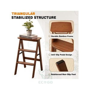 Escabeau en bambou naturel à 3 marches, pliable, antidérapant, multifonctionnel, moderne, écologique, durable et léger - Product Image 2