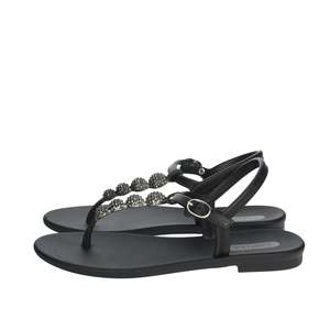 Grendha Women's <b>Flat</b> <b>Sandal</b> Black T-Strap Beaded Design Casual Wear - Product Image 1