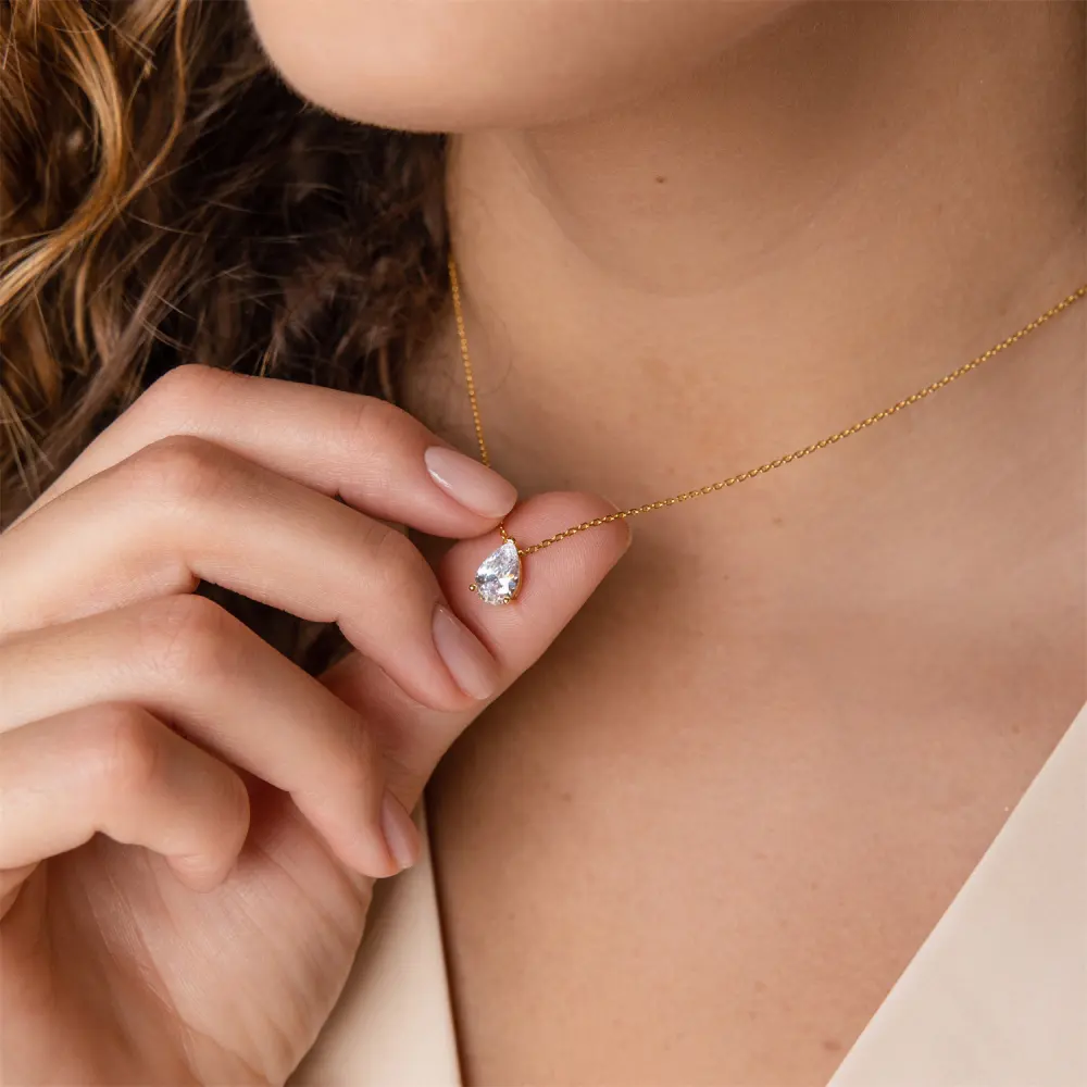 Ouro 18k alta qualidade em aço inoxidável personalizado teardrop Cz zircão gemstone birthstone colar