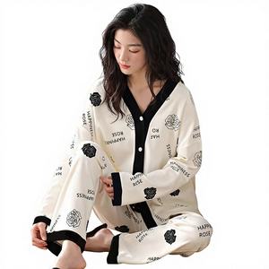 Nouvelle Collection Printemps – Pyjama Femme Cardigan Respirant Motif Rose <span class=keywords><strong>Bonheur</strong></span> Longueur Intégrale Vêtements Décontractés pour la Maison Tendance et Doux - Product Image 1