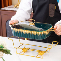 Plat de Cuisson Rectangulaire en Céramique avec Support Doré, Luxe Hôtelier, Vaisselle de Soupe Sèche pour la Cuisson et le Chauffage à la Bougie