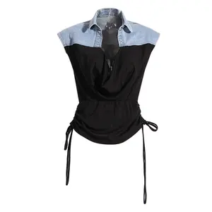 OUDINA New Niche Design Vest Tops Denim Splicing V-neck Drawstring Pleated Sleeveless Tops For Women
