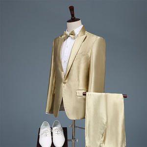 Costume d'affaires de luxe en or à simple boutonnage devant plat pour hommes pour les séances photo des hôtes performances de la chorale (tissu peigné) - Product Image 4