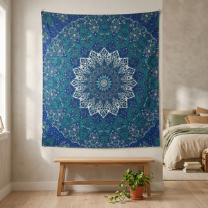 Tapiz Rectangular Mandala Estrella Hippie Indio Hecho a Mano, Ecológico, 100% Algodón, Multicolor, Estampado, Lavable, Colcha Étnica - Product Image 1
