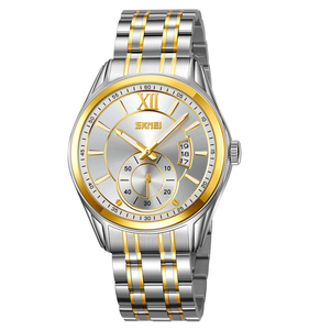 Reloj de Cuarzo para Hombre Skmei 9319, Caja de Aleación, Correa de Acero Inoxidable, Esfera de Cristal, Resistente al Agua 3ATM, Diseño Golden Hour - Product Image 1