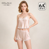 Nouvel ensemble trois pièces en soie 2026 : caraco, short et robe, avec dentelle, style doux et sexy, 100 % soie de mûrier, pour femme