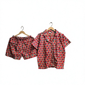 Red Geometric Printed Cotton Lounge Set For Adults Short Sleeve Turn-down Collar Casual <b>Summer</b> Wear Loose Fit 2 Piece - Product Image 1