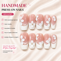 Faux ongles de mariée 3D à fleurs, blancs, effet œil de chat français, carrés et ovales, en acrylique, faits à la main, à presser, vente en gros