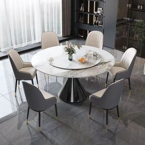 Table à manger moderne de style italien simple et luxueux en marbre, 4-6 places, design plateau en pierre, plateau tournant, base en métal, pour salle à manger. - Product Image 5