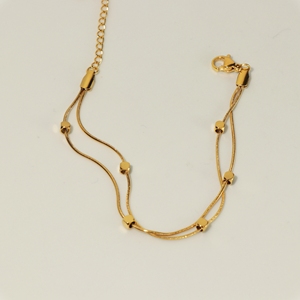 Minimalist Double Strand Square <b>Bead</b> <b>Bracelet</b> Waterproof Anti-fade <b>Gold</b> Plated Snake Chain <b>Bracelet</b> For Women - Product Image 1
