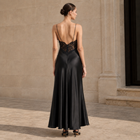 Robe longue noire personnalisée en dentelle pour femme, vêtements féminins, tenue de soirée en satin à fines bretelles et décolleté plongeant, fournisseur d'usine OEM ODM