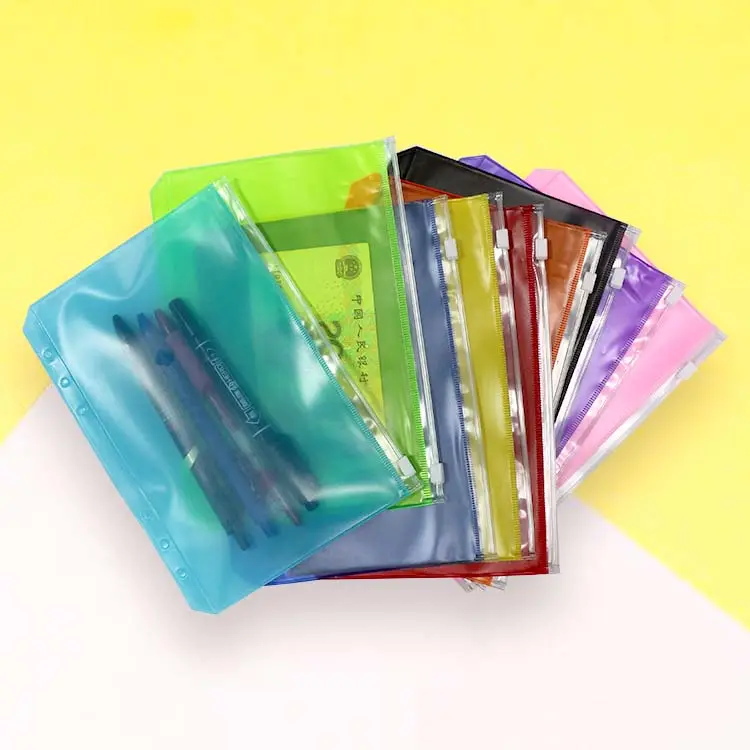 Colorful 6 Hole A5 A6 Clear Binder Envelopes Zipper Waterproof Filing Storage Loose Leaf Bags Frosted PVC Cash Pocket Folder