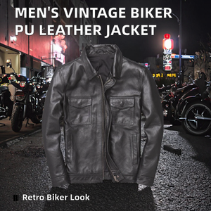 Chaqueta de Cuero PU Estilo Motero Vintage para Hombre, Cuello Alto Texturizado, Estilo Retro, Casual, Invierno, con Cierre, Servicio OEM - Product Image 2