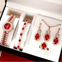 Lot de 5 montres à quartz pour femme, style mode, en alliage d'acier inoxydable, incrustées de strass rubis, avec collier, boucles d'oreilles et bague – Vente en gros