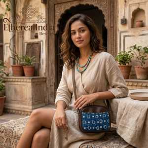 Bolso de Mano Unisex Étnico Boho Ecológico con Cierre de Cremallera y Estampado Floral Índigo Hecho a Mano - Product Image 1