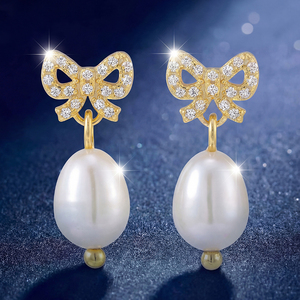 Copper 18K <b>Gold</b> Pave CZ Bow Knot Oval White Pearl Drop <b>Earrings</b> for Women Zircon Ribbon Pearl <b>Dangle</b> Jewelry Sweet Gift - Product Image 3