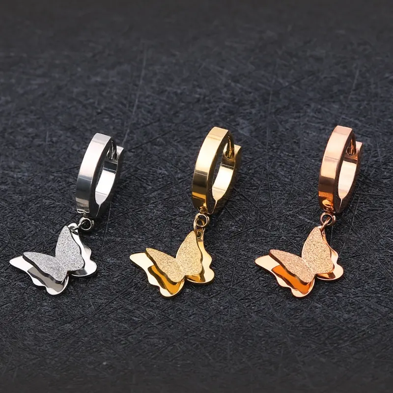 Women Hoop Personalized Jewelry Flash Ring Stainless Steel Rose Gold Butterfly Earrings For Women