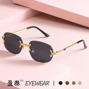 Eyewear Metal Frameless <b>Sunglasses</b> UV400 Unisex Fashion Hip Hop Style Gold Mirror Lenses - Product Image 2