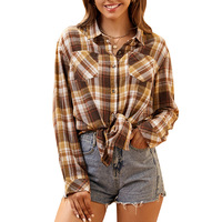 Vente en gros en stock, couleurs, livraison directe, chemises à carreaux en flanelle pour femme, coupe ample, style long, à double poche, pour femmes