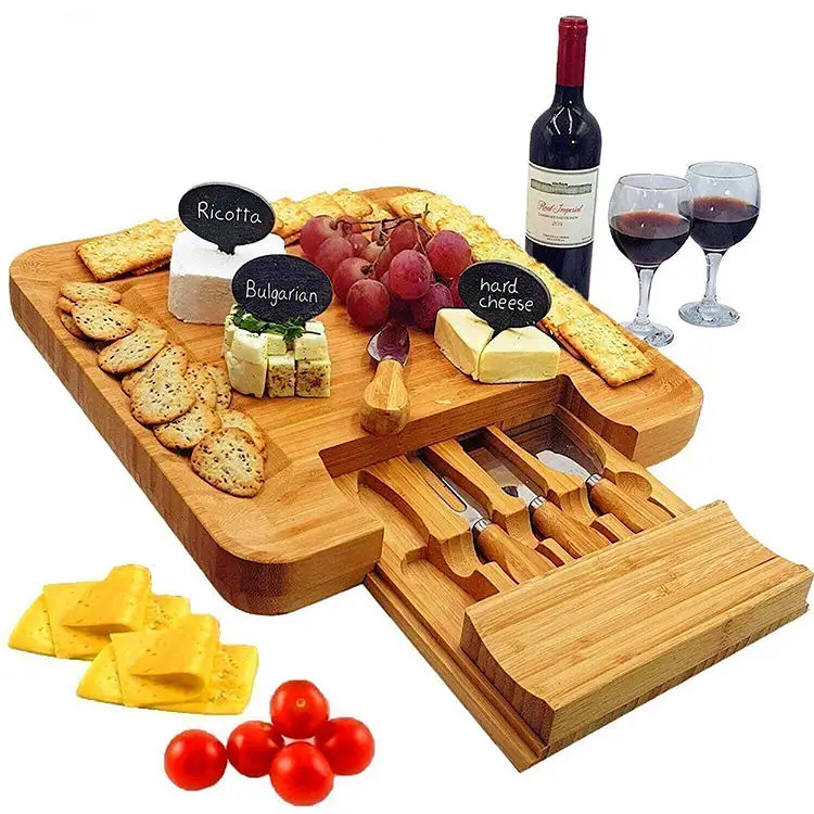 Large Bamboo Cheese Cutting Plates Board Set and Knife Set With Hidden Slide Drawers Wood Charcuterie Platter Board