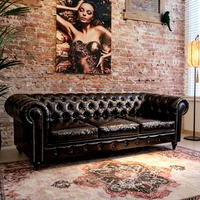 Canapé Chesterfield vintage en cuir véritable noir 3 places, canapé de luxe européen avec pieds en bois pour le salon
