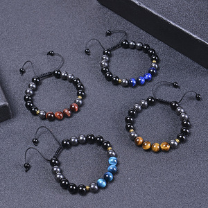 Custom Large 10mm Natural Black ematite Blue Tiger Eye Stone Woven Beaded Gemstone bracciali cristalli gioielli da uomo regolabili - Product Image 5