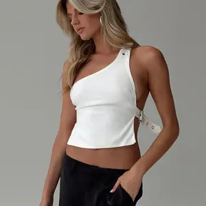 Spring/Summer One Shoulder Tank Top Sexy Open and Close Top with Navel for Women