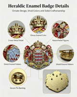Broche Héraldique Vintage en Émail Coloré Doré avec Armoiries Royales, Badge de Héraldique de Collection, Attache Multi-Épingles