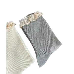 Women's Solid Color Slouch Socks With <b>Lace</b> Trim Breathable Cotton Mid-Calf Socks For Spring Autumn - Product Image 4