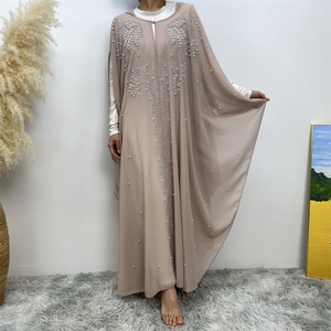 6741 #   Nuevo Cárdigan de Chifón de Lujo con Bonitas Perlas Blancas y Mangas Murciélago con Pedrería, Abaya Abierta con 2 Agujeros en las Mangas - Product Image 6