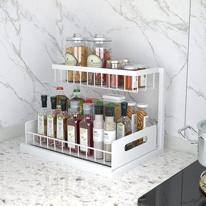 Organisateur de maison en plastique à deux niveaux Étagère coulissante multi-usage pour le <span class=keywords><strong>rangement</strong></span> <span class=keywords><strong>sous</strong></span> l'évier de la cuisine pour les éviers soucieux de l'espace - Product Image 1