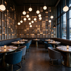 Juego <span class=keywords><strong>de</strong></span> Muebles Comerciales <span class=keywords><strong>para</strong></span> Restaurante Ron Group, Mesa Redonda con Base <span class=keywords><strong>de</strong></span> Madera y Metal, Sillas <span class=keywords><strong>de</strong></span> Cuero, Asientos Curvos Acolchados - Product Image 3