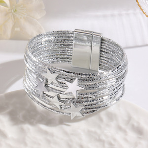 Wholesale Women's Multi Layer <b>Leather</b> <b>Bracelet</b> Gold Star Charm Magnetic Closure Fashion Jewelry - Product Image 4