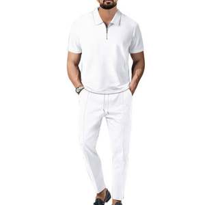 Nuevo Conjunto de 2 Piezas de Camisa Polo para Hombre, Estilo Casual, Transpirable, con Solapa, Pantalones con Cordón Ajustable, Color Sólido - Product Image 3