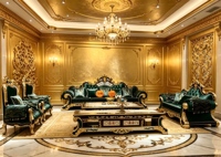 Canapé en bois doré rétro, design européen, grand modèle, garni d'éponge haute densité, amovible et lavable, style villa royale turque de luxe.