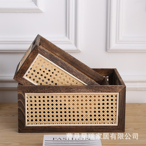Solid Wood Rattan Storage Basket Rectangle Eco Friendly Desktop Organizer For Office Living Room Books Snacks - Product Image 1