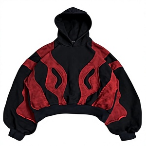 Sudadera con capucha corta gótica negra y burdeos unisex, con patrón de capas onduladas desgastadas, oversize, 100% algodón polar, 450 GSM - Product Image 1