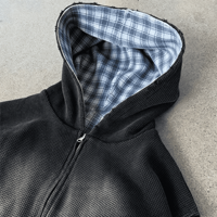 Fabricant de vêtements Ouna, vestes à fermeture éclair à carreaux personnalisées, double couche, coton gaufré, sweat à capuche réversible en tricot gaufré de haute qualité