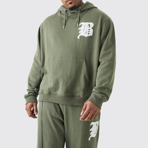 Men's Light <b>Green</b> Hooded Sweatshirt Set Oversized Fit Casual Tracksuit With Pocket Fleece Material Autumn Wear - Product Image 2
