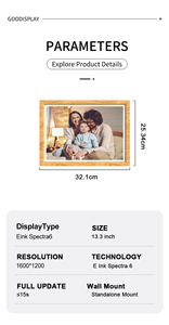 กรอบรูปไม้ โปรไฟล์ 13.3 นิ้ว E6 หน้าจอหมึกอิเล็กทรอนิกส์สีเต็มรูปแบบ กรอบรูปไม้เนื้อแข็ง ใช้งานได้นาน ความละเอียด 1600x1200 - Product Image 6