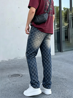 Nouveau Jean en Denim à Carreaux Damier pour Homme 2026 – Coupe Droite, Style Streetwear Hip Hop Vintage Délavé