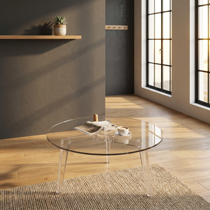 Table basse ronde moderne avec plateau en verre trempé et pieds en bois, design mi-siècle, meubles de salon, facile à nettoyer - Product Image 6