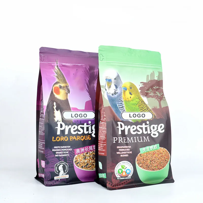 Custom Logo Printing Eco Friendly Side Gusset Ziplock Plastic Dry Dog Cat Fish Pet Food Flat Bottom Bag Wild Bird Food Packaging