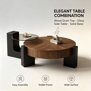 Set di Tavolini da Caffè Moderni Impilabili con Piano in <span class=keywords><strong>Legno</strong></span> Color Noce e Cassetto Portaoggetti, Tavolino Laterale in Vetro per Soggiorno - Product Image 5