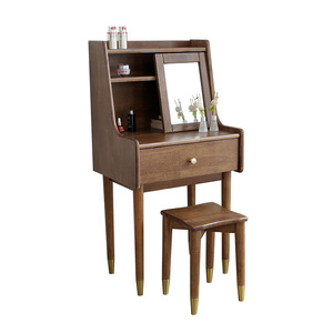Nordic Solid Wood Dressing <b>Table</b> Walnut Color With <b>Mirror</b> Storage Bedroom <b>Vanity</b> And Stool Set - Product Image 5